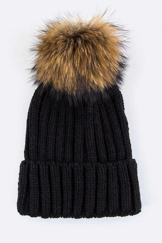 Raccoon Fur PomPom Beanie