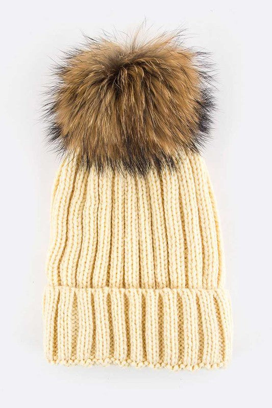 Raccoon Fur PomPom Beanie