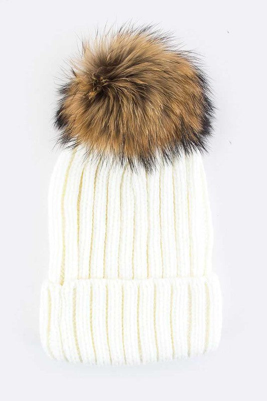 Raccoon Fur PomPom Beanie