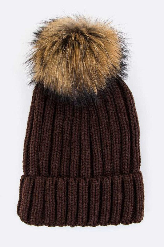 Raccoon Fur PomPom Beanie