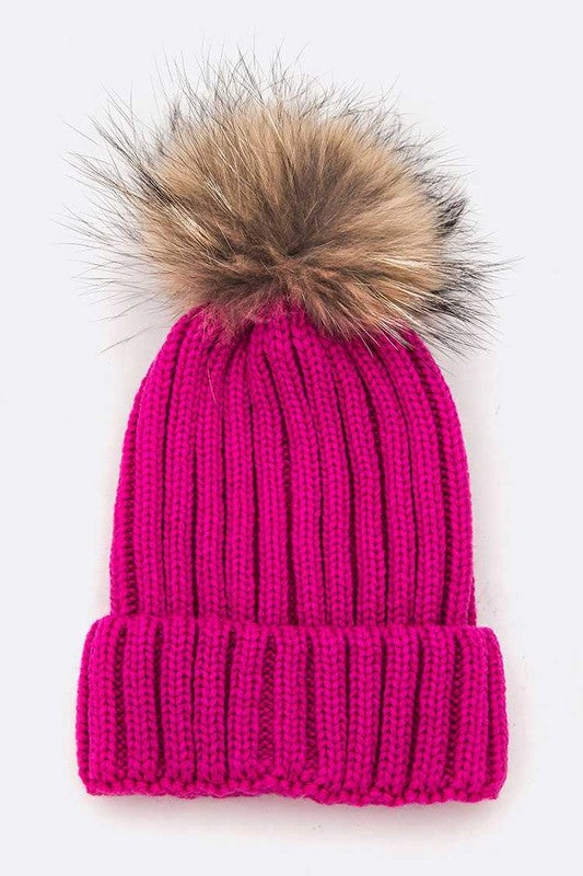 Raccoon Fur PomPom Beanie