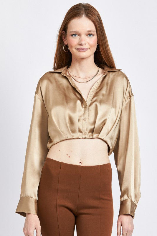 COLLARED BUTTON UP CROPPED SHIRT