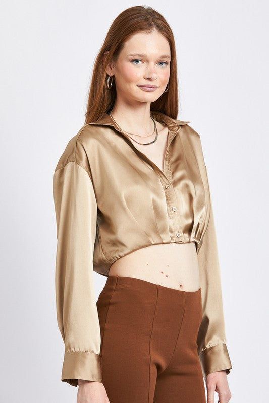 COLLARED BUTTON UP CROPPED SHIRT