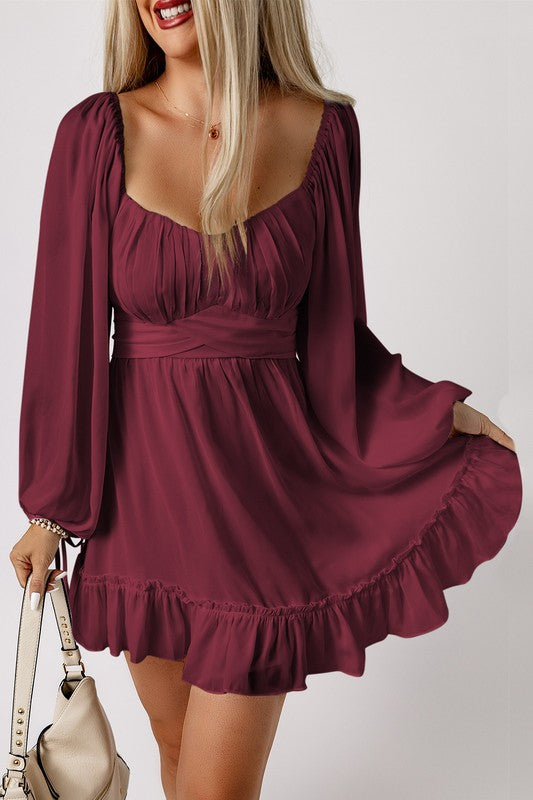 Plain Ruffled High Waist Square Neck Mini Dress