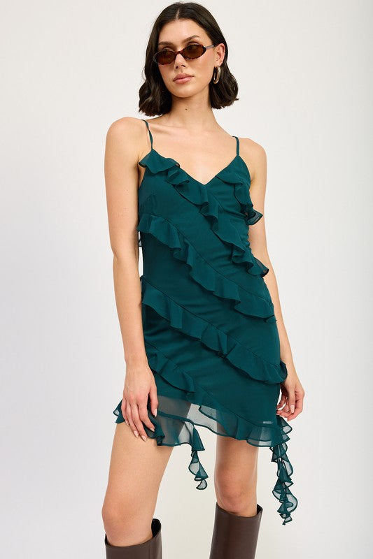 ASYMMETRICAL RUFFLE MINI DRESS