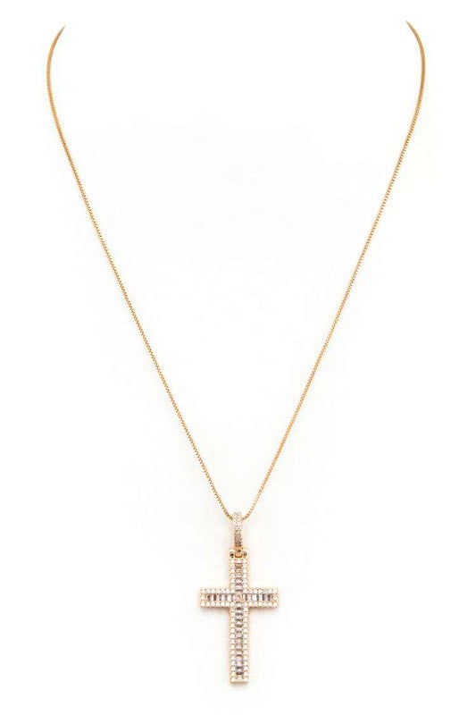 Cross Baguette CZ Pendant Necklace