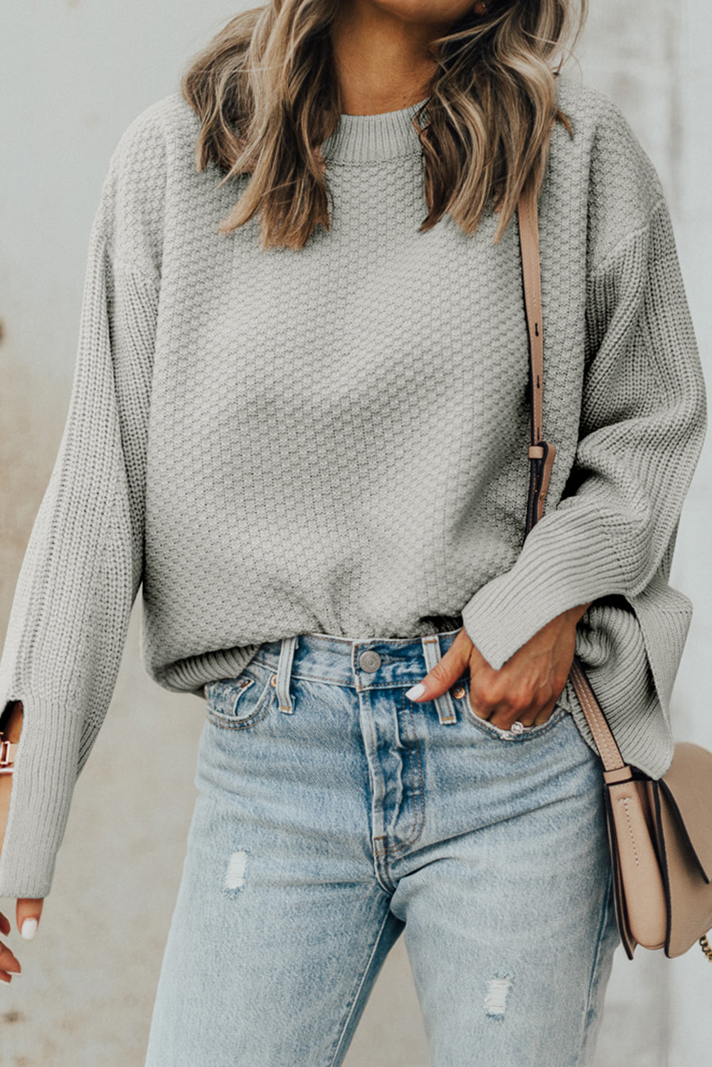 Textured Round Neck Long Sleeve Sweater