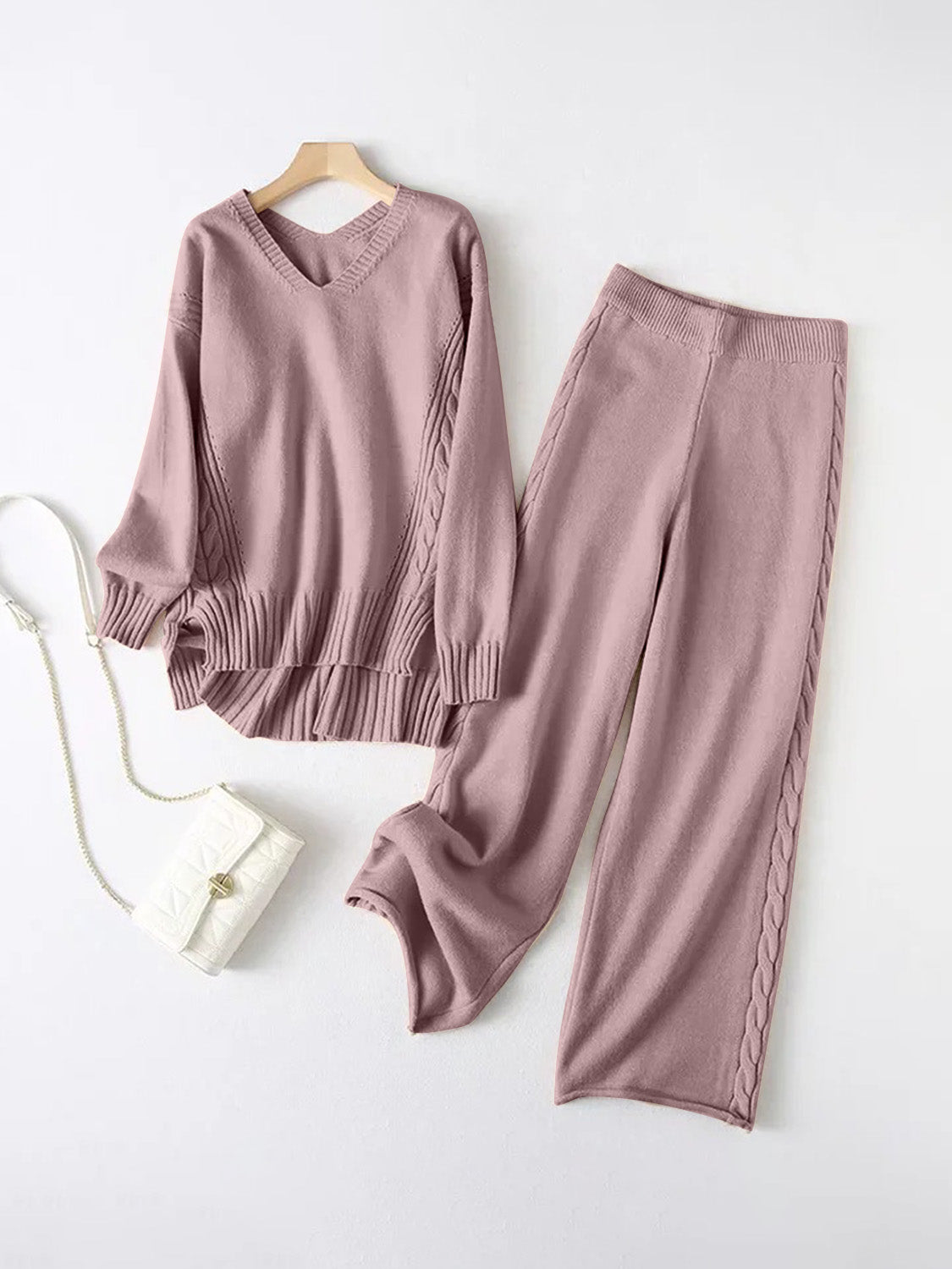 Slit V-Neck Long Sleeve Top and Pants Sweater Set