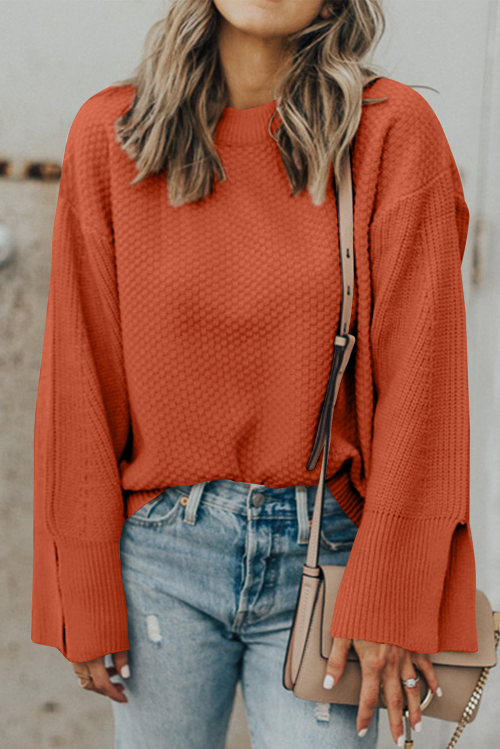 Textured Round Neck Long Sleeve Sweater