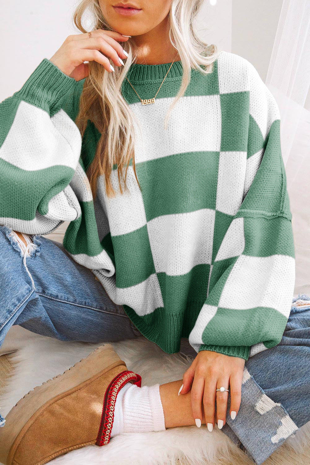 Pink Checkered Bishop Sleeve Sweater